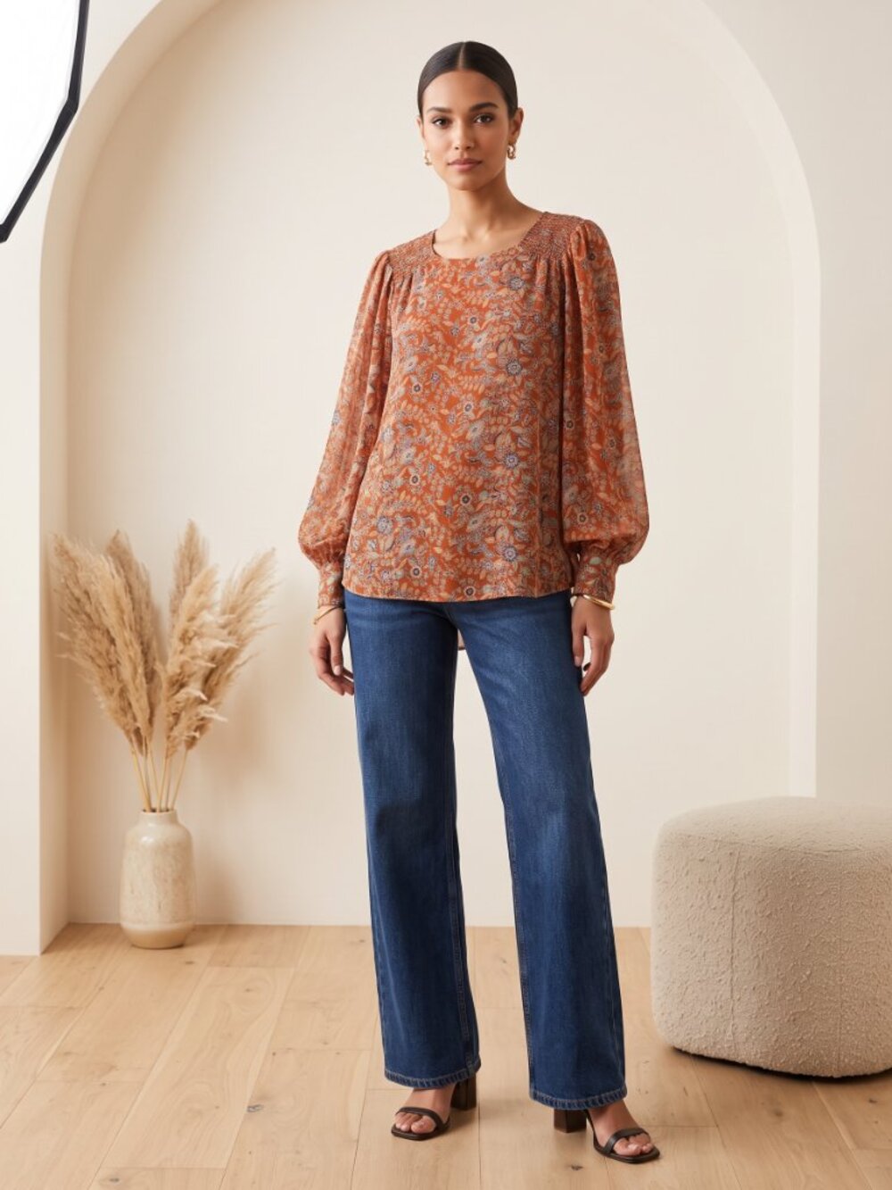 Mango Burnt Orange Floral Smocked-Neck Blouse